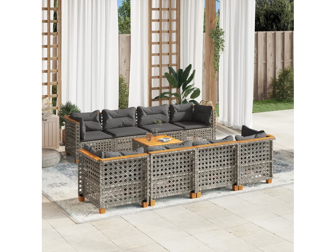 Vidaxl 9 Pcs Conjunto Sofás P/ Jardim Com Almofadões Vime Pe Cinzento