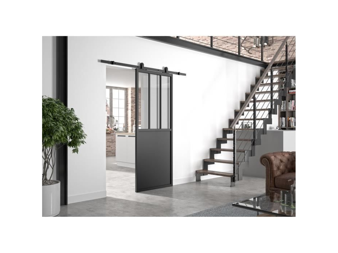 Kit Porta De Correr Optimum Atelier Preto Trilho Aparente 204 X 93 Cm Vidro Transparente