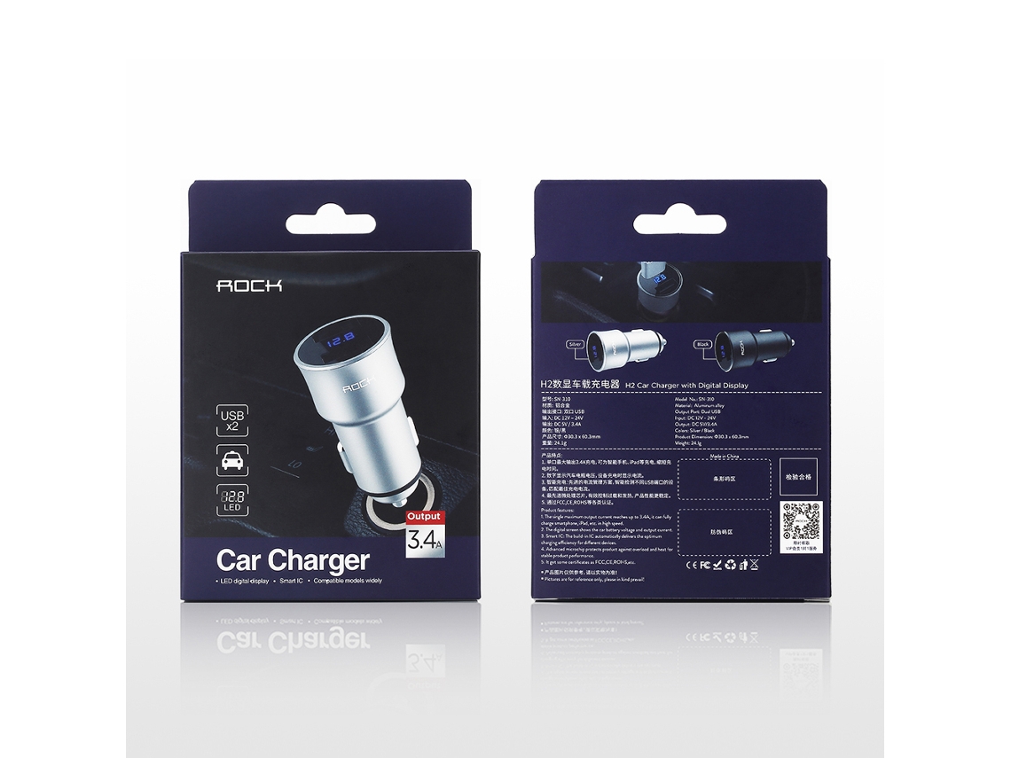 Cargador de Coche Rock H2 Dual Usb 5v/3.4a Con Pantalla Led Digital Y Monitor de Voltaje para Iphone Y Samsung.