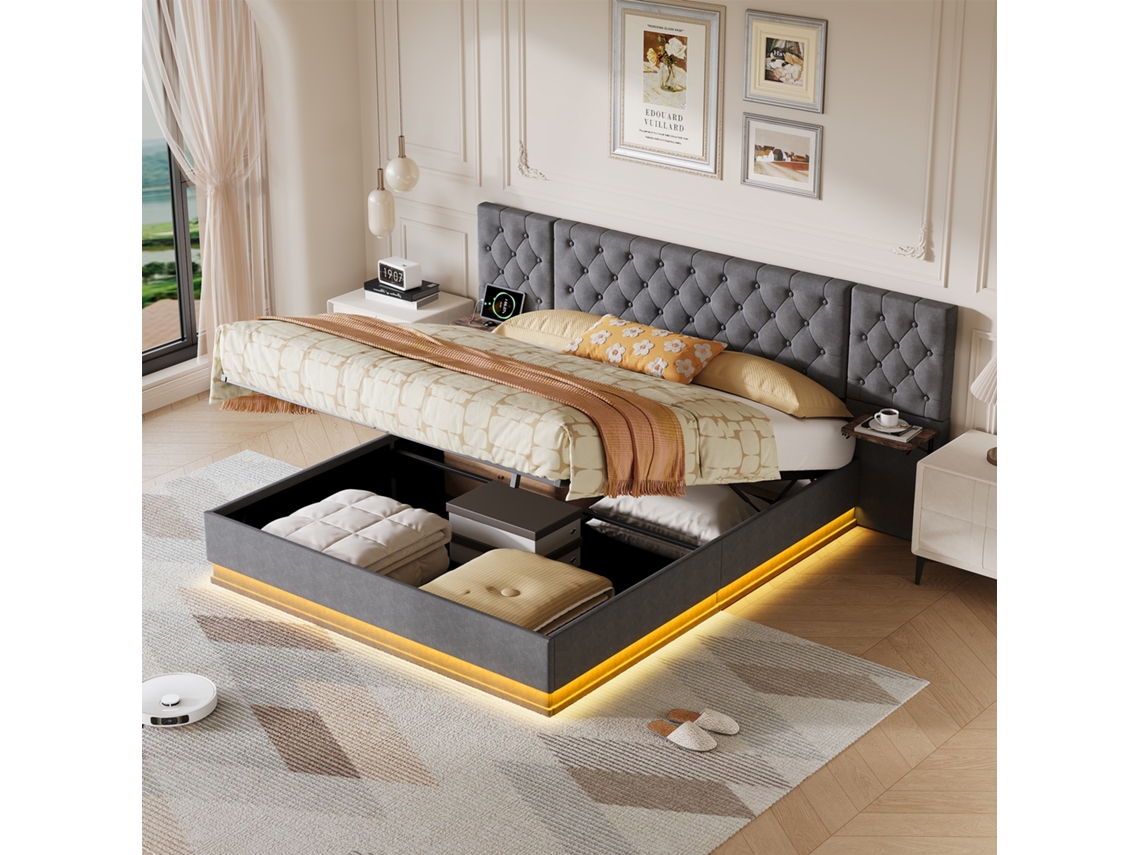 Cama Baú Hidráulica Casal Veyrixan 160x200 Cm Cinzento, Com Led, Usb E Arrumação – Design Moderno E Silencioso