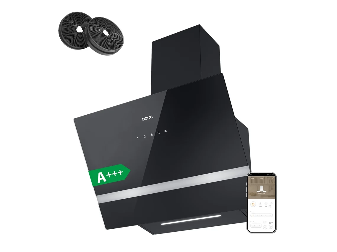 Exaustor Ciarra de Parede A+++ 60cm 650m³/h Boost Controle Táctil/APP Recirculação com Filtros de Carvão (2 peças) 58dB(A) Preto CD6736HB
