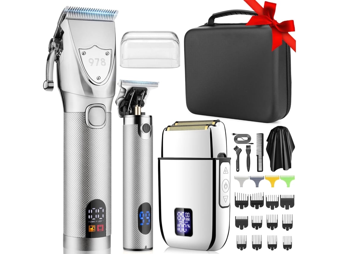 Kit Barber Profissional Zruxe Prateado Cortador De Cabelo E Barbeador Elétrico 3 Peças Recarregável C/ Estojo