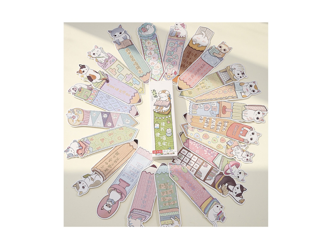 Marcador de Livros de Papel Pintado À Mão Artístico Forma Bonita de Gato para Crianças Estudantes Adultos 30pcs