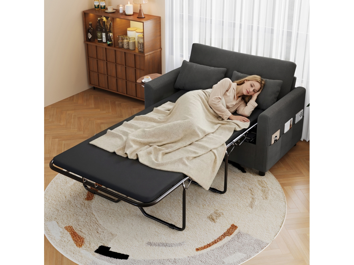 Sofá-cama De 2 Lugares - Com Porta Usb, Mesa Lateral Dobrável E Acessórios - Cinzento
