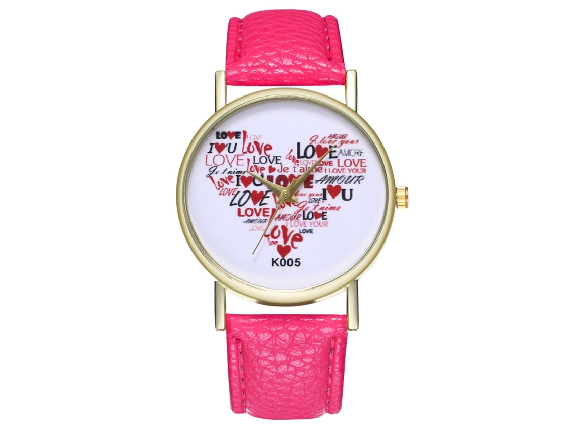 Reloj De Cuarzo Con Correa De Cuero Pu De Moda, Dial Redondo, Para Parejas (rojo Rosa)