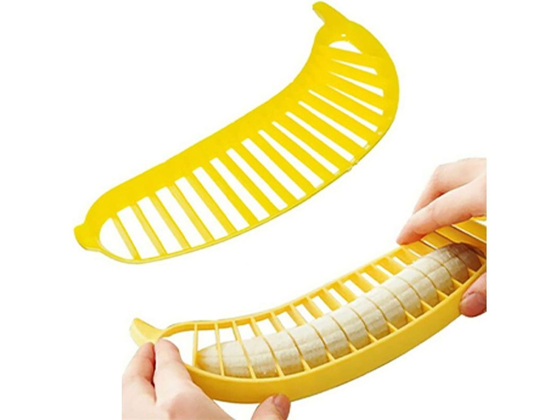 Cortador de banana Linjou 2026, utensílio de cozinha prático, descascador e cortador de plástico para saladas e frutas, 2 peças.