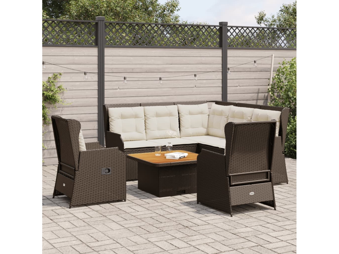 Vidaxl 5 Pcs Conjunto Lounge Jardim C/ Almofadões Vime Pe Castanho