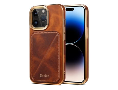 Denior Casa Em Tpu Pele Genuína Galvanizado, Com Suporte E Porta-cartões Para Apple Iphone 14 Pro Max - Castanho