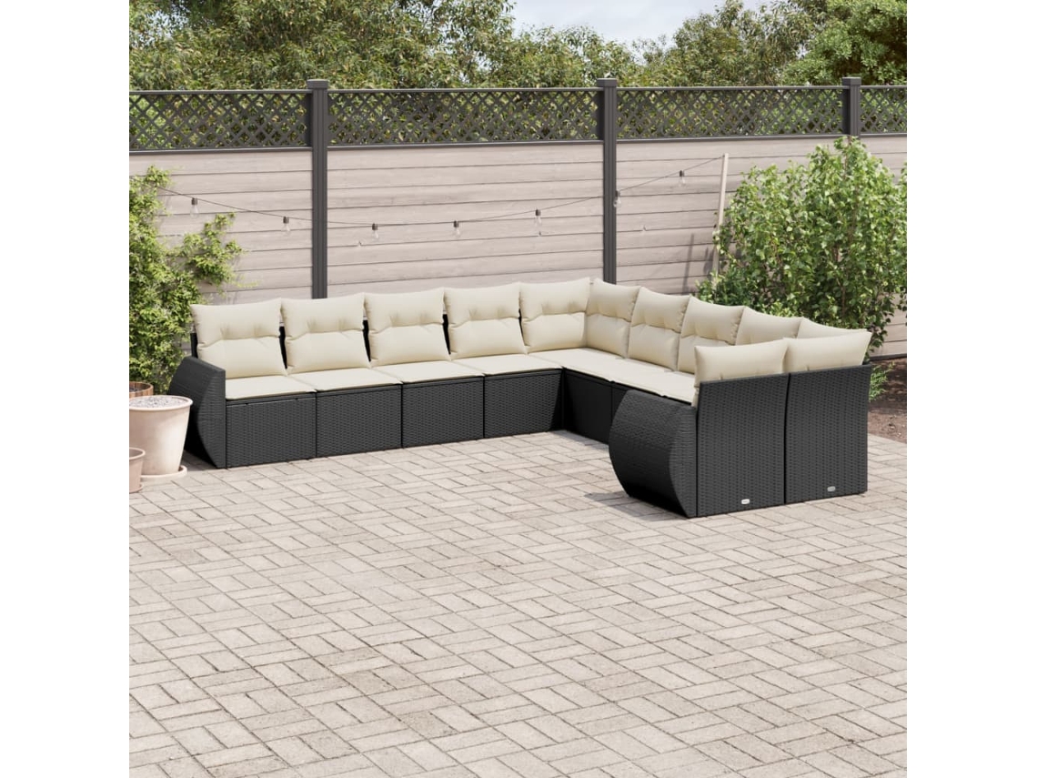 10 Pcs Conjunto Sofás De Jardim C/ Almofadões Vime Pe Preto Dkd Home Decor