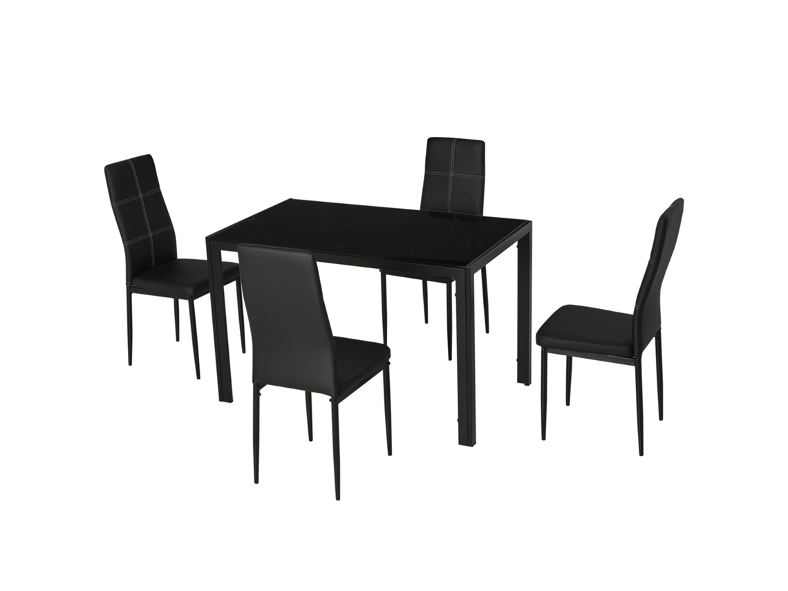 Conjunto Mesa vidro temperado + 4 cadeiras estofadas PU preta 120x70cm pés de metal S/MARCA