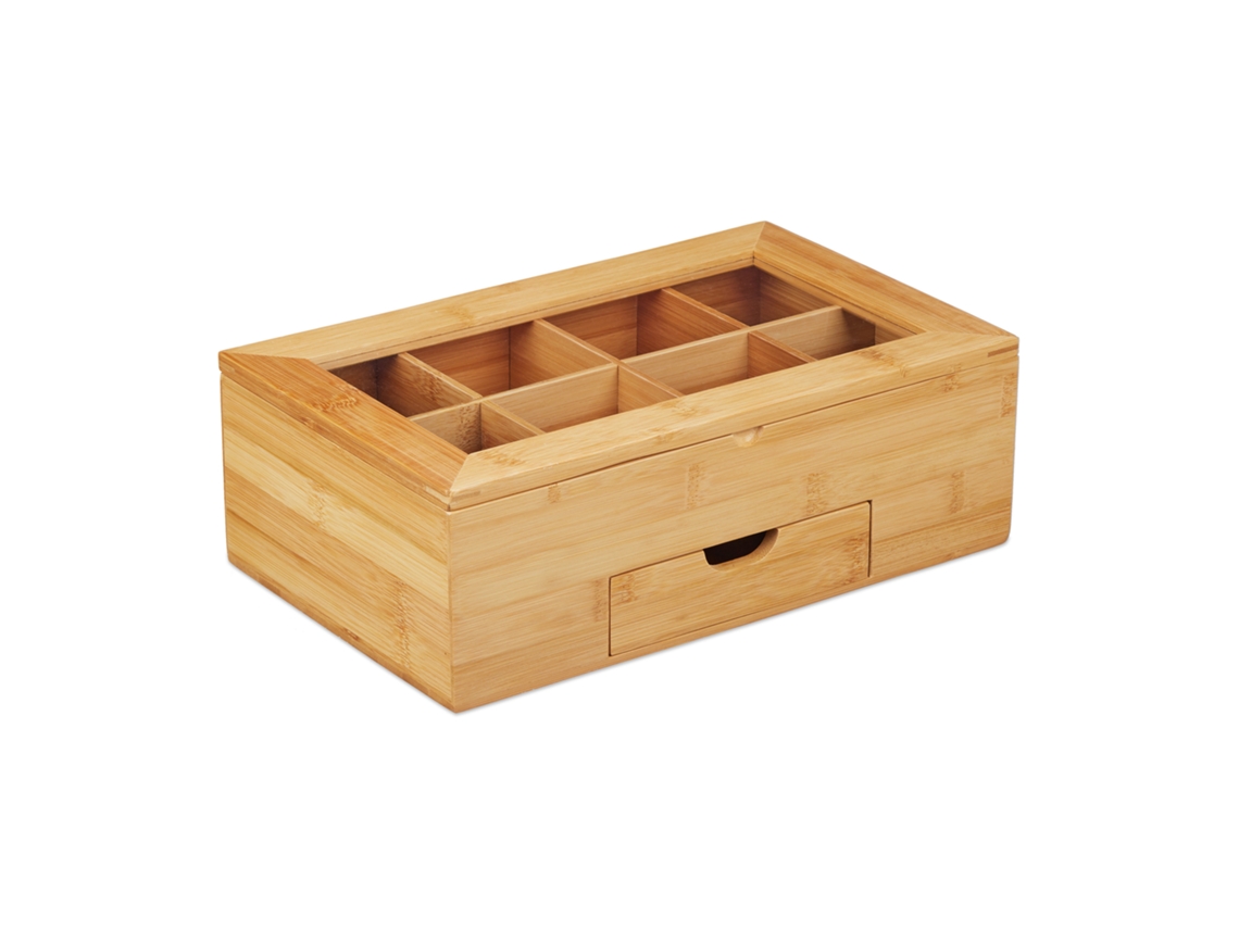 Relaxdays Teebox Em Bambu, Tampa Com Janela, 8 Compartimentos, Caixa Com Gaveta Axlxp 11x33x20 Cm, Natural