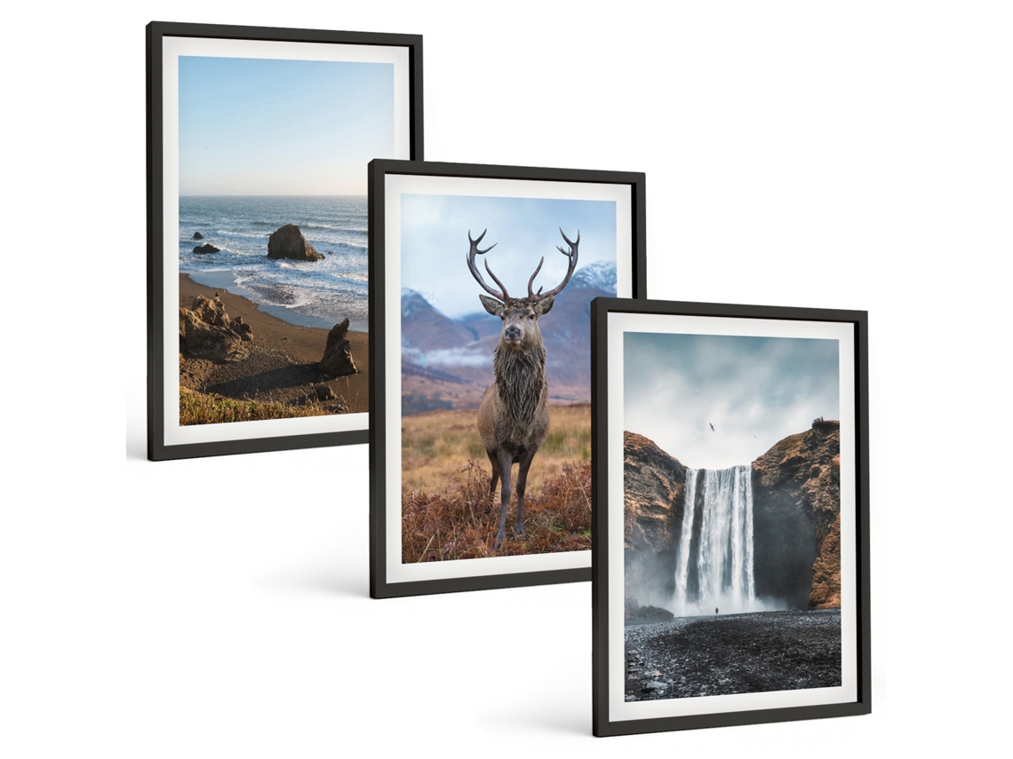 Composição De Quadros Paisagens De Montanha Com Cachoeira Moldura Preta Fotos Para O Escritório Espelharte (3 Piezas De 40x60 Cm)