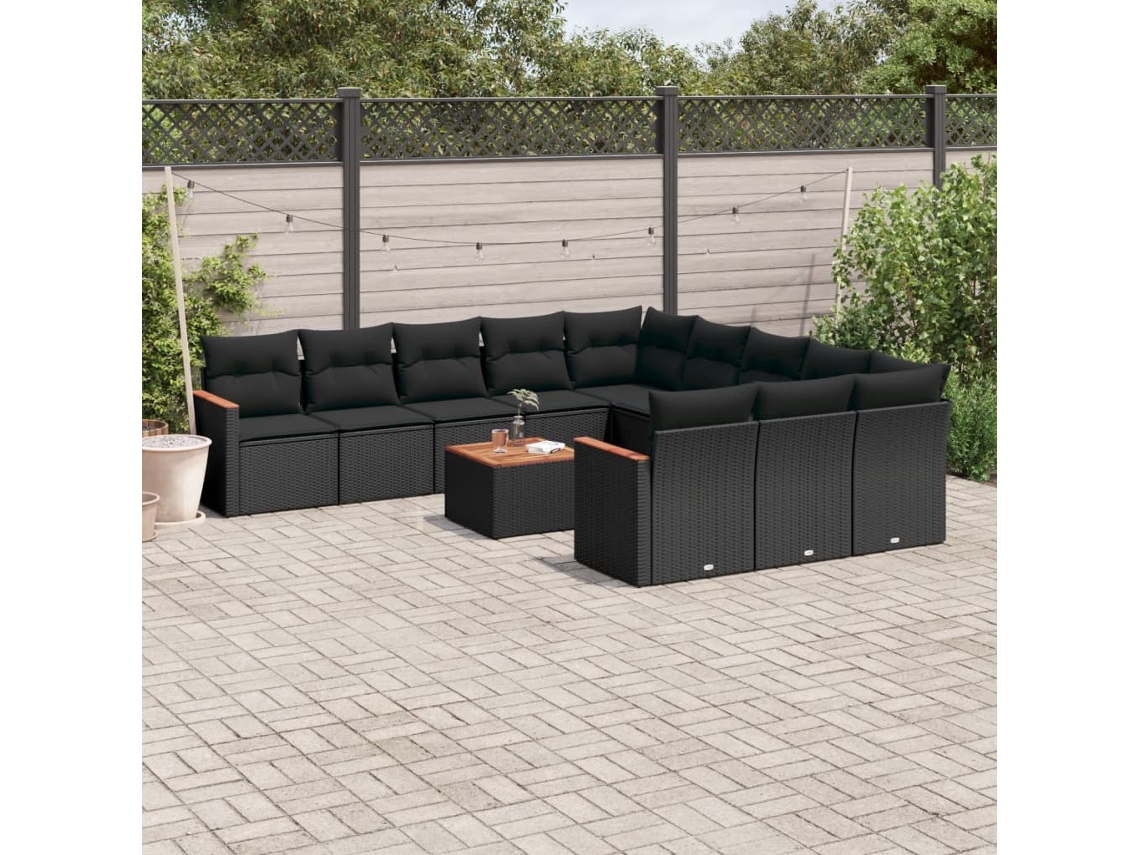 Conjunto de Sofá de Jardim 12 Peças C/ Almofadões Vime Pe Preto Dkd Home Decor
