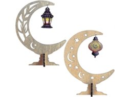 Rebe 2 Adornos de Ramadán Eid Mubarak Luna Estrella de Madera Colgante Con Luz para Decoración Festiva En El Hogar