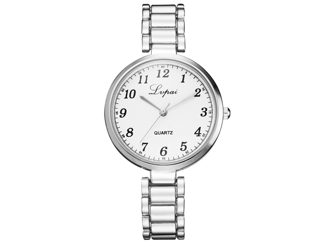 Relógio de Pulso Feminino de Quartzo com Pulseira de Liga Moderno Estilo Casual Elegante Prata Branco