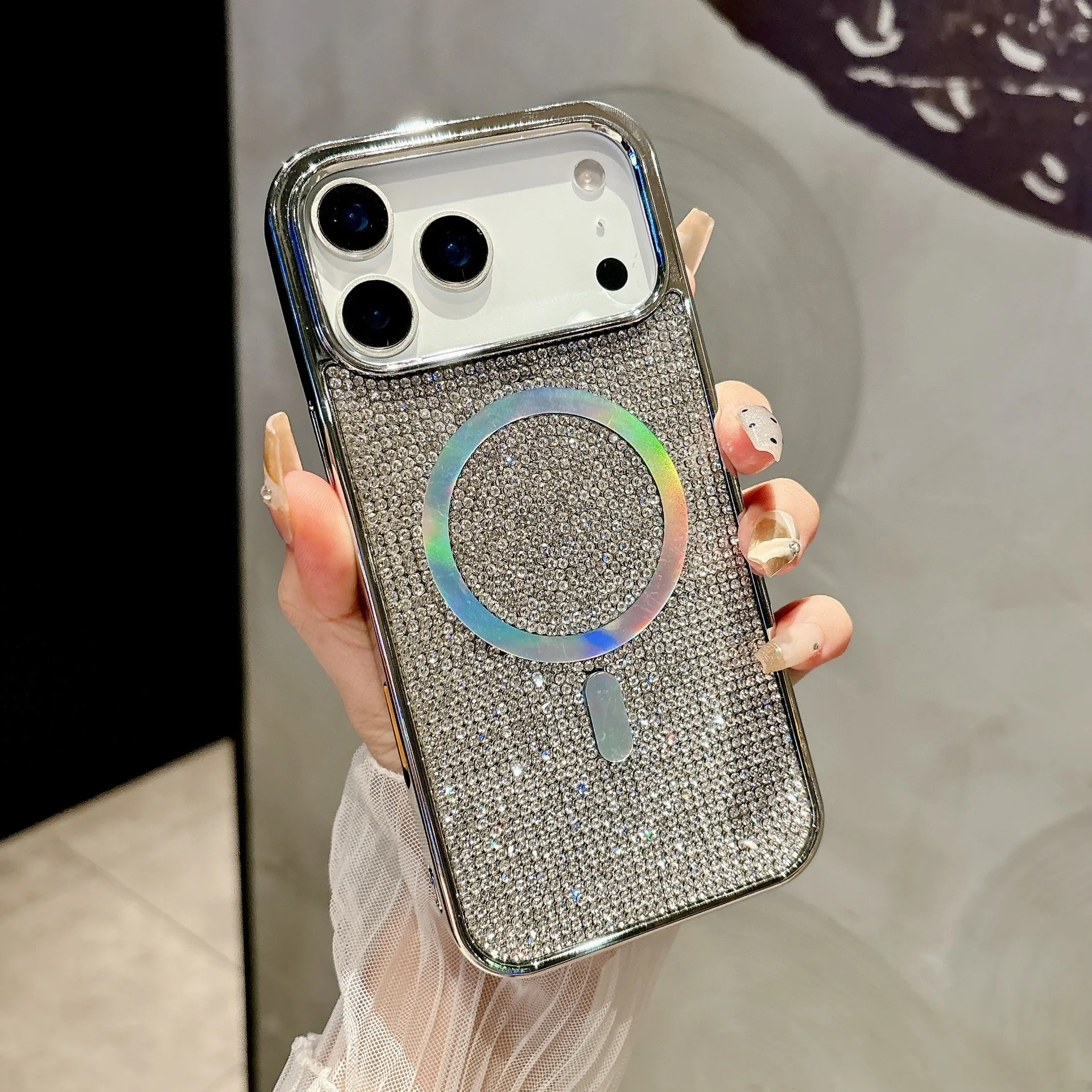 (cinza, Iphone 14 Plus) Capa De Celular Luxuosa, Brilhante E Magnética, Com Strass E Moldura De Metal Galvanizado.