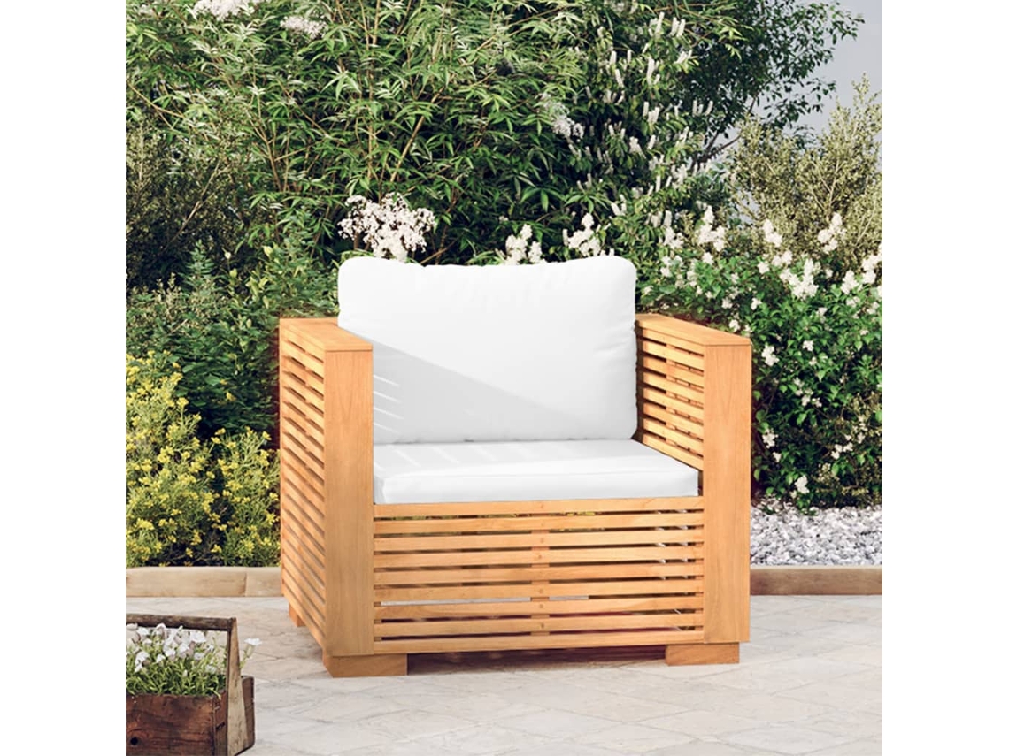 Vidaxl Poltrona De Jardim C/ Almofadões Cor Creme Teca Maciça