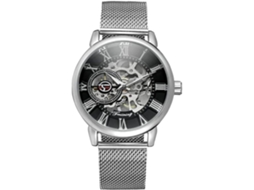 Relógio Automático Transparente Dial Hollow Skeleton Silver Tone Mesh Banda Watch-Exército Verde