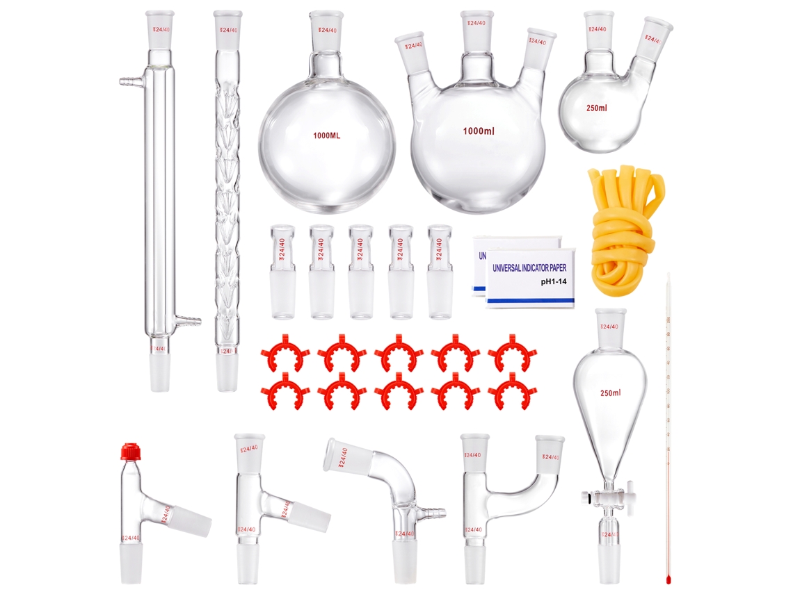 Kit de Destilação Laboratório, Vidro Laboratório Boro 3,3 com 24 e 40 Compostos, Conjunto Equipamentos Óleos Essenciais 1000 Ml, 29 Peças