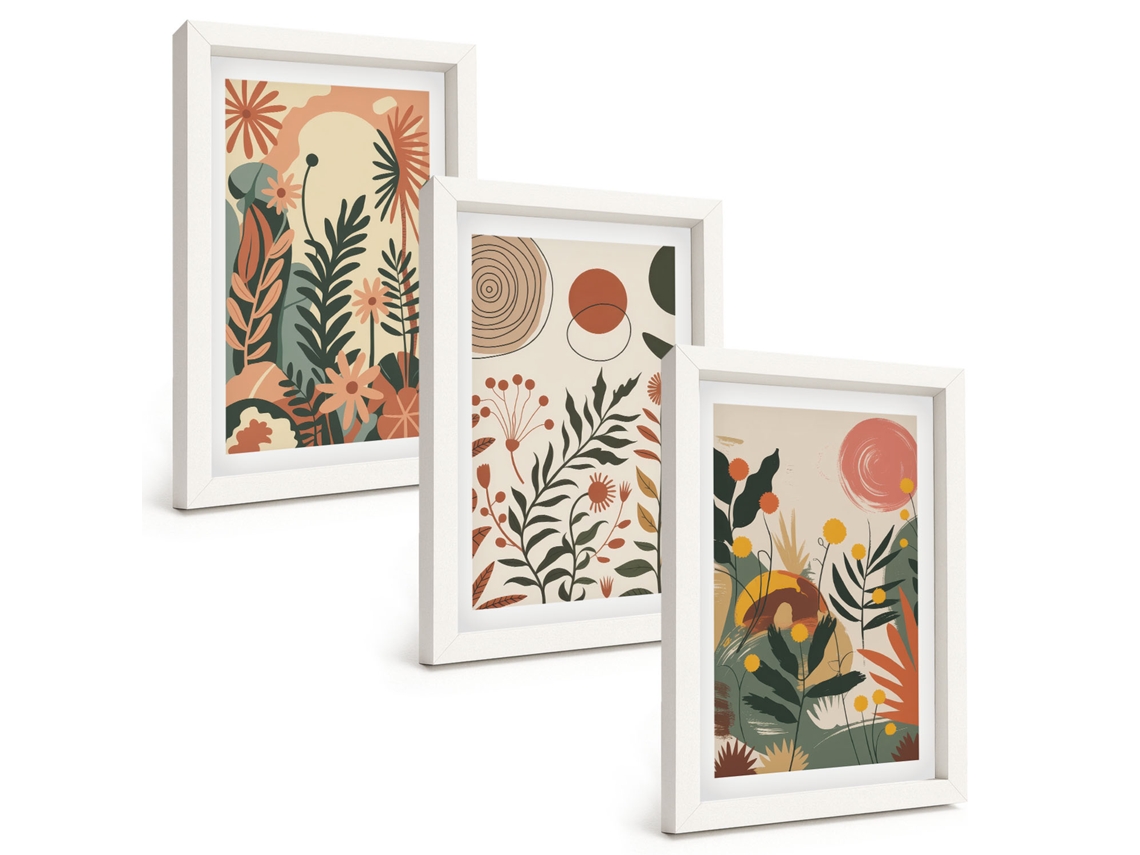 Conjunto De Pinturas Padrões De Plantas, Vintage, Pastel Moldura Branca Imagens Para Um Quarto Infantil Espelharte (3 Peças 20x30 Cm)