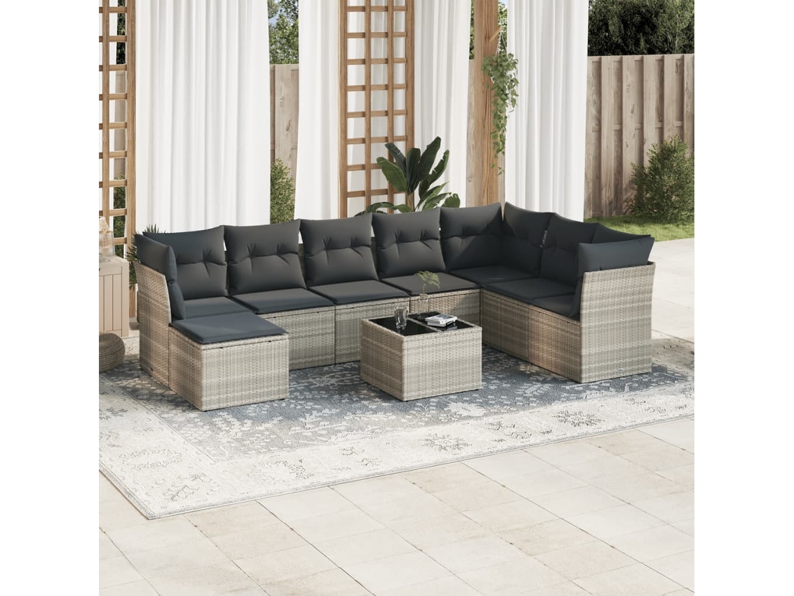 Vidaxl 9 Pcs Conj. Sofás Jardim Com Almofadões Vime Pe Cinzento-claro