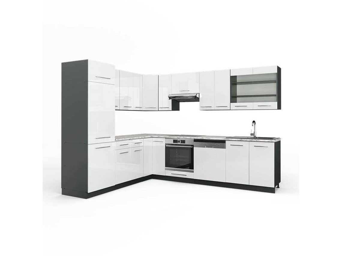 Cozinha de canto Fame-Line, 227 x 287 cm, Mármore PT, Branco brilhante/Antracite, Vicco