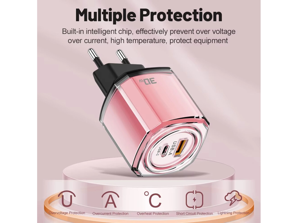 Carregador Ar-242 30w Com 2 Portas Usb Pd, Carregamento Rápido Usb-a Usb-c, Adaptador De Parede Com Ficha Europeia