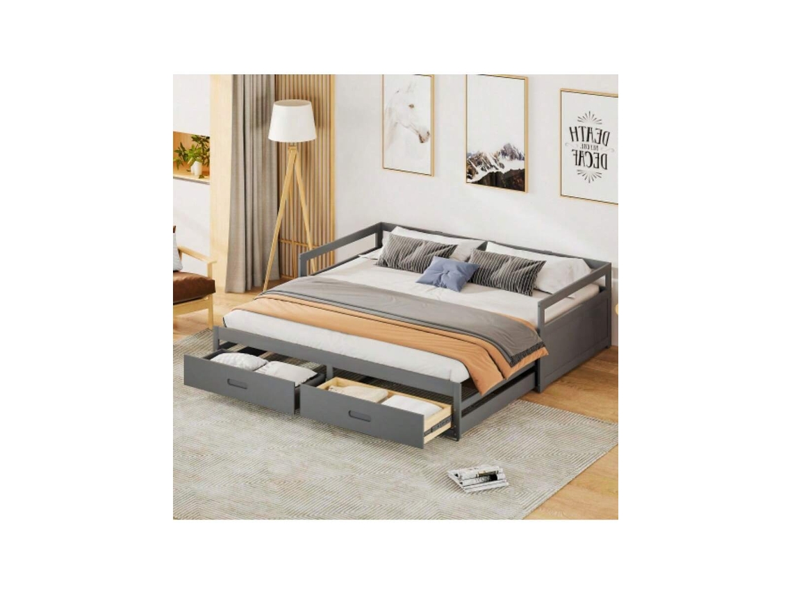 Sofá Cama Extensível 90/180x200cm Com Gavetas, Estrutura Ripada Em Pinho, Cama Com Arrumação, Cinza Hvorstur