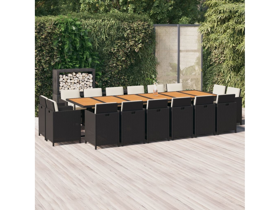 Vidaxl 17 Pcs Conjunto Jantar P/ Jardim C/ Almofadões Vime Pe Preto
