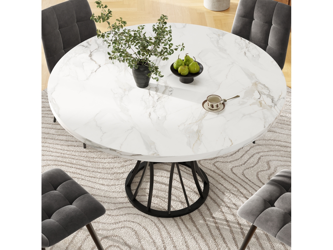 Mesa Redonda Elegante 80×80×76cm Tampo Marmorizado Mdf Pés Pretos Para 4-6 Pessoas Interior