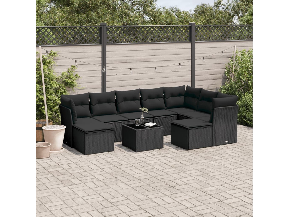 10 Pcs Conjunto Sofás De Jardim C/ Almofadões Vime Pe Preto Dkd Home Decor