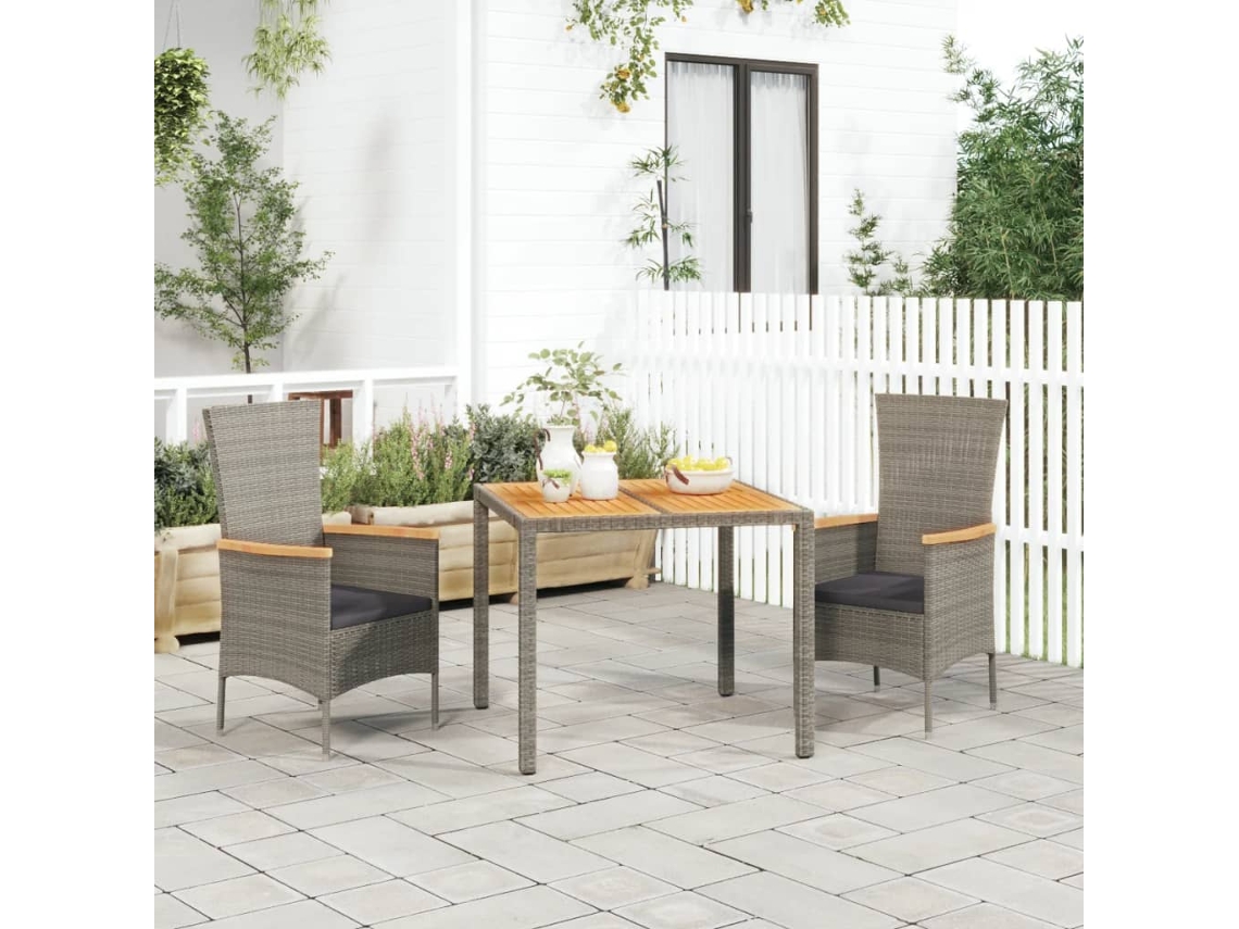 Vidaxl 3 Pcs Conjunto De Jantar P/ Jardim C/ Almofadões Vime Pe Cinza
