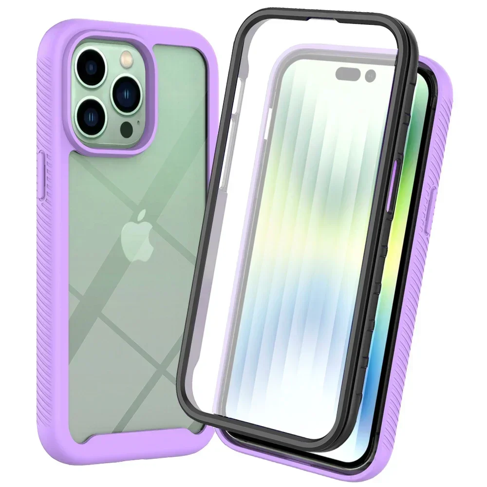 (roxo Claro, Iphone 14 Pro Max) Capa Protetora Transparente Premium E Resistente A Impactos, Com Película Protetora De Tela.
