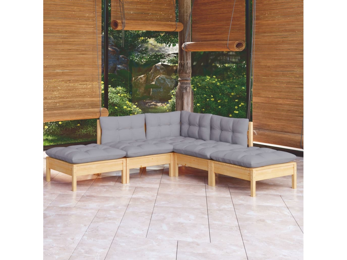 Vidaxl 5 Pcs Conjunto Lounge De Jardim C/ Almofadões Cinza Pinho