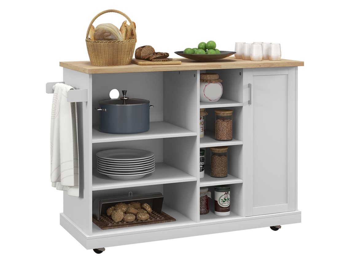 Carrinho de cozinha com 7 compartimentos, armário, porta, suporte para toalhas, madeira, 129x51x93cm branco | S/MARCA