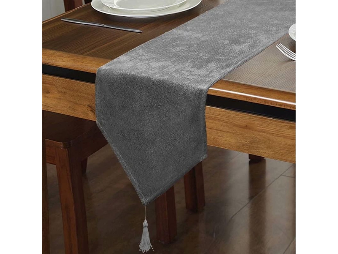 Runner De Mesa De Lino Falso Brillante Lavable Con Borlas 35x305 Cm Gris Oscuro Flash