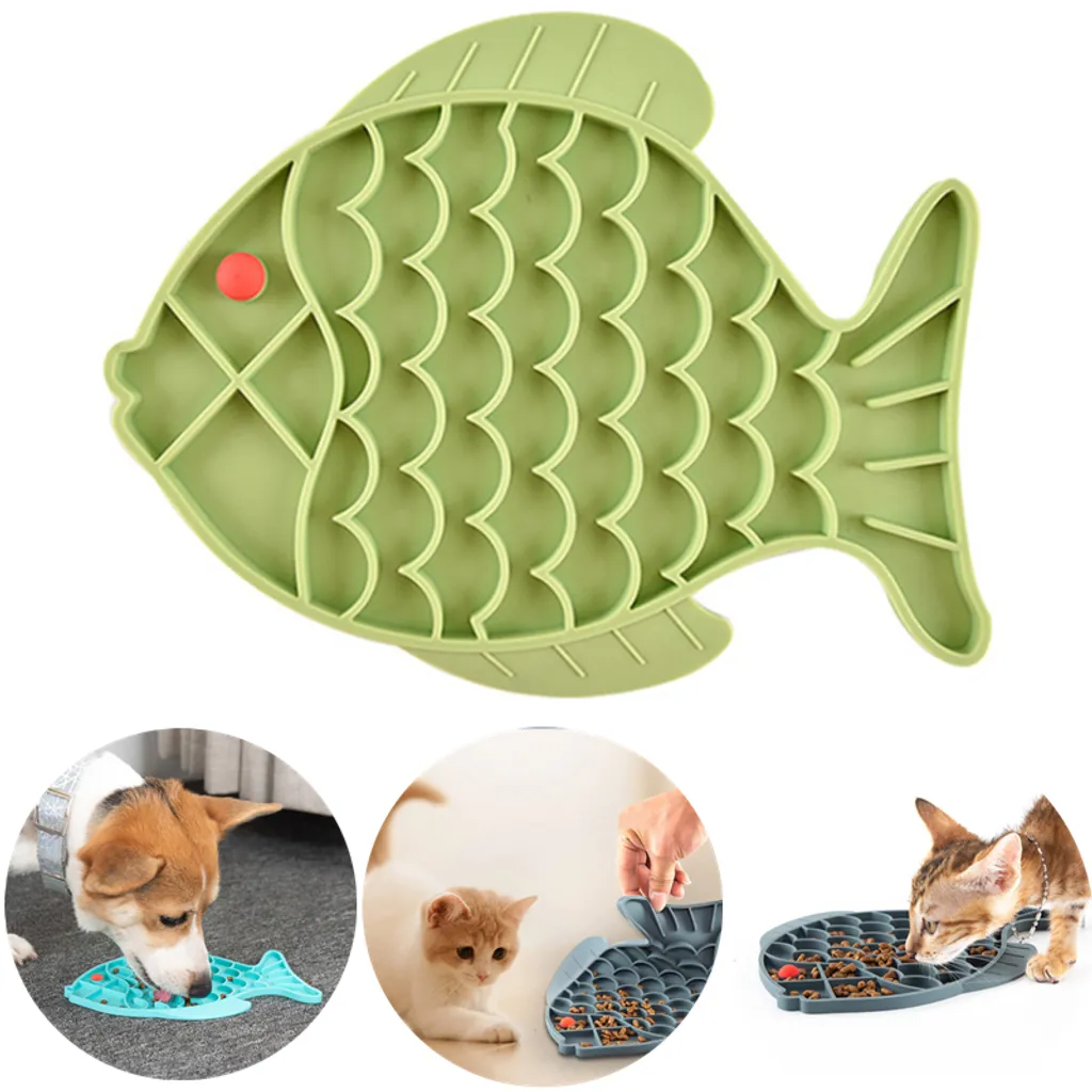 Tapete de Lamber em Formato de Peixe para Gatos, Comedouro Lento, Brinquedo Interativo para Aliviar a Ansiedade em Cães e Gatos Verde AQUAFORGE