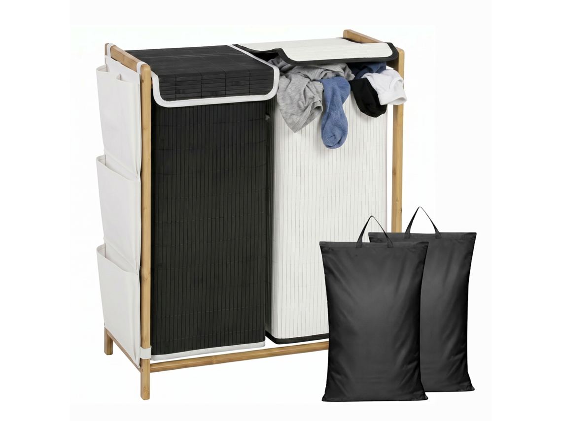 Cesto De Roupa Suja 120l Com Tampa E 2 Compartimentos Em Branco E Preto