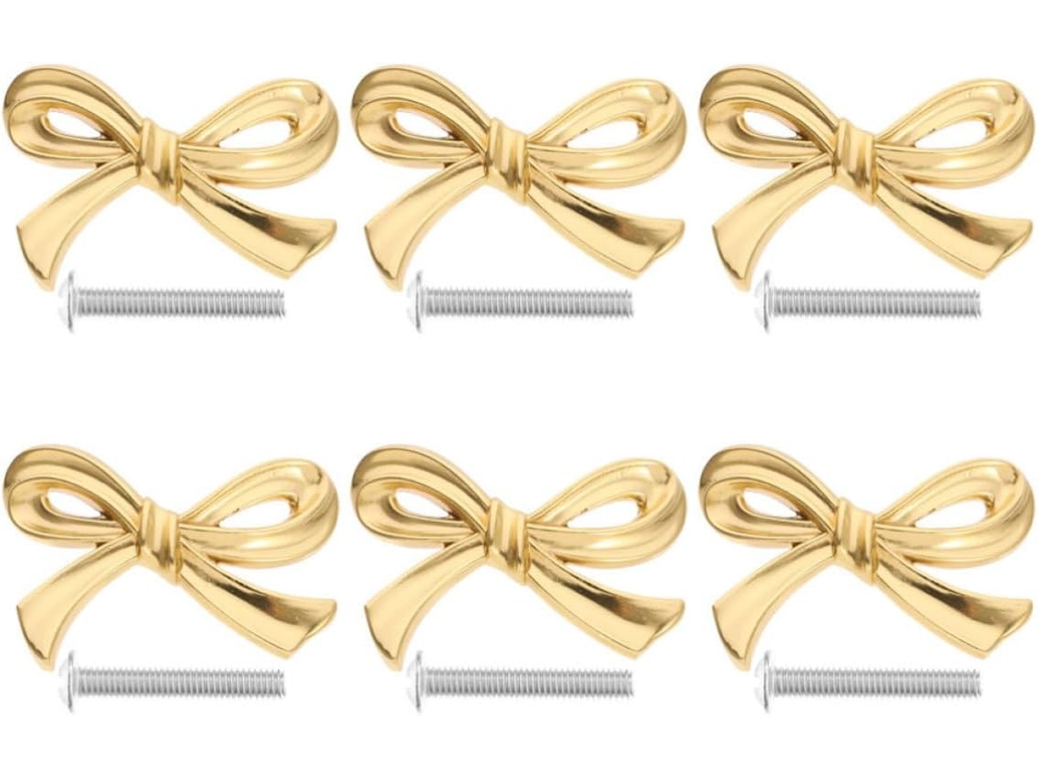 Conjunto De 6 Puxadores Latão Em Formato Gravata Borboleta, Com Acabamento Dourado Antigo Polido