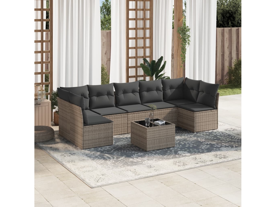 Vidaxl 8 Pcs Conjunto Sofás De Jardim C/ Almofadões Vime Pe Cinzento