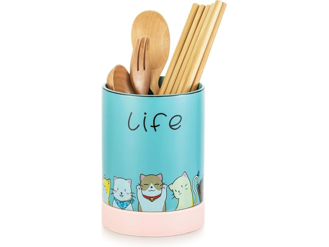 Porta Utensili De Cerámica Com Design De Gato Bonito, Organizador Prático Para Cozinha