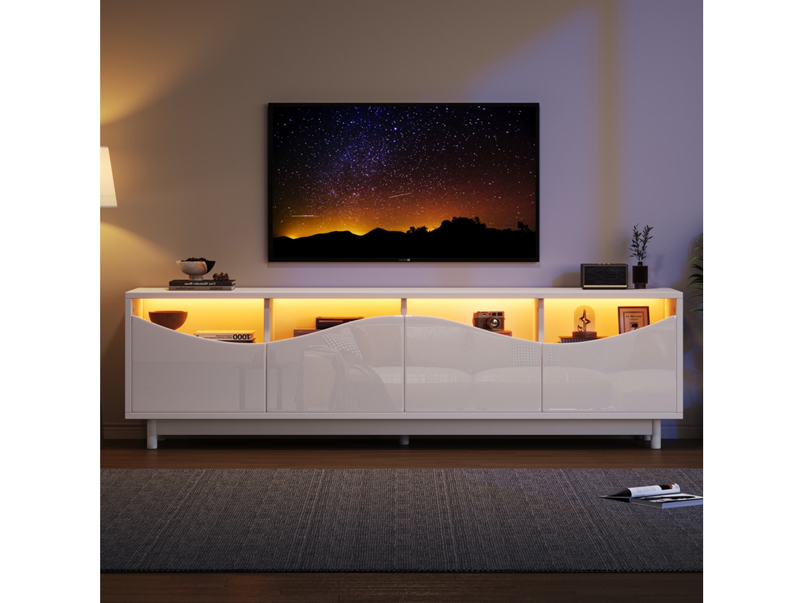 Tv Rack Design Curvo Branco Alto Brilho, Porta Em Vidro Temperado, Led, 175x38x51 Cm