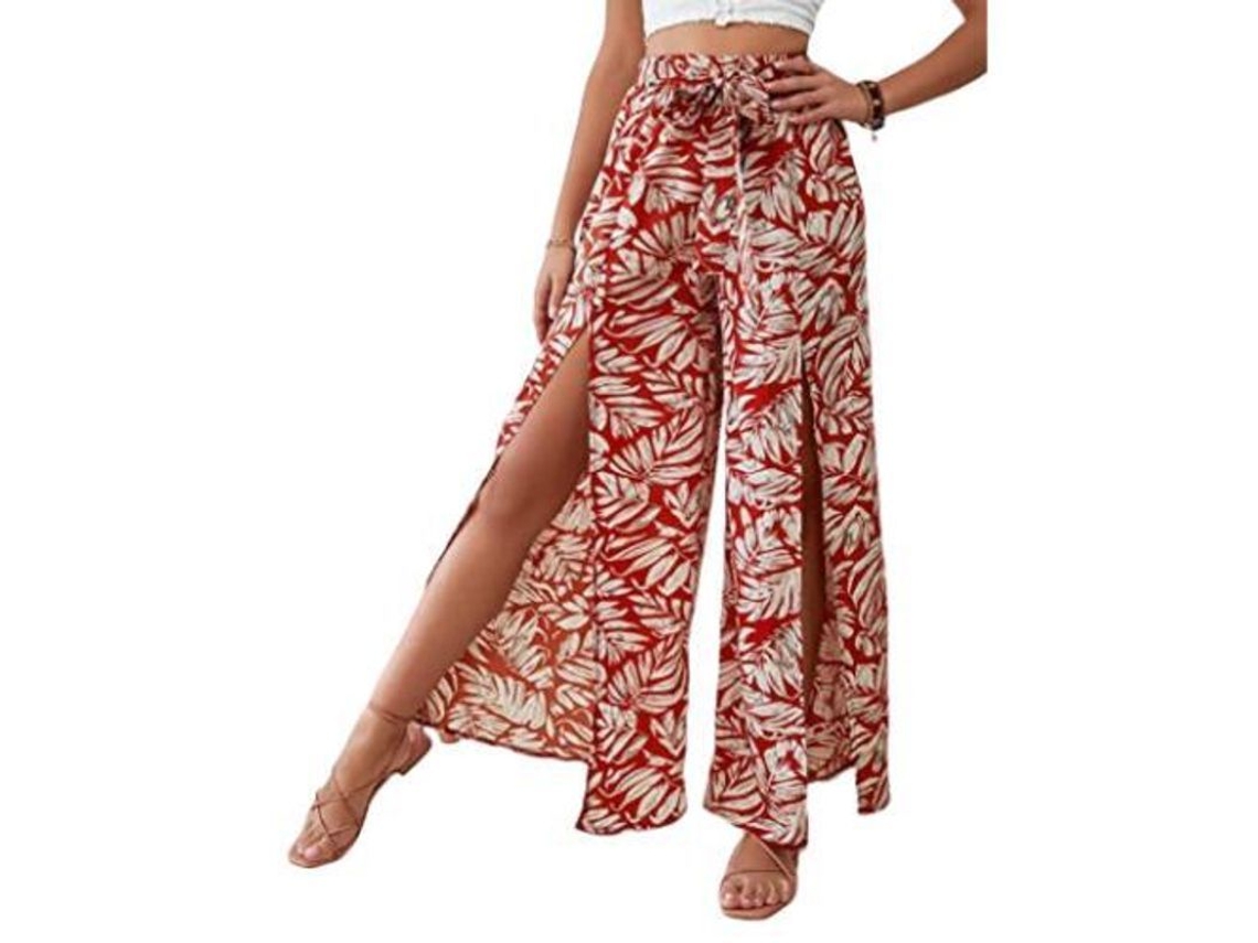 2026 pantalones Largos de Pierna Ancha Con Estampado Floral Boho, Abertura Y Lazada Frontal XL Rojo