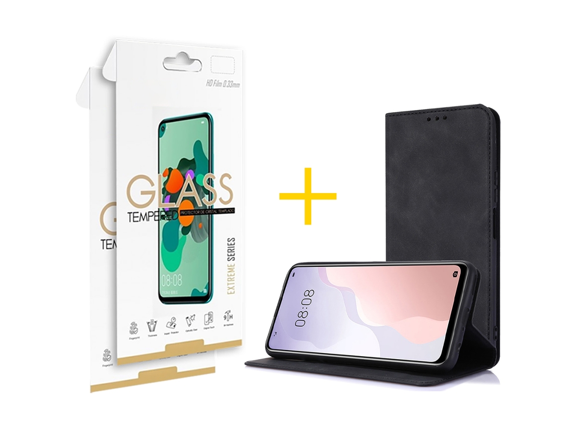 Pack 2 x Película de Vidro Temperado 2.5D + Capa SKYHE Oppo A18 PRM Flip Cover Preto