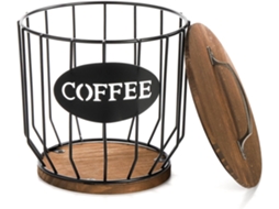 Porta-filtros De Café Grande Capacidade Com Base Rústica Madeira, Cesto Arame Preto Para Armazenamento Ideal Bancada Cozinha E Bar