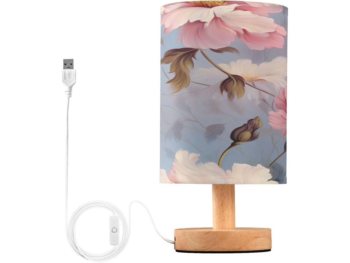 Luminária De Cabeceira Led Para Quarto, Luminária De Leitura Com Cúpula Tecido, Base De Madeira E Porta Usb Para