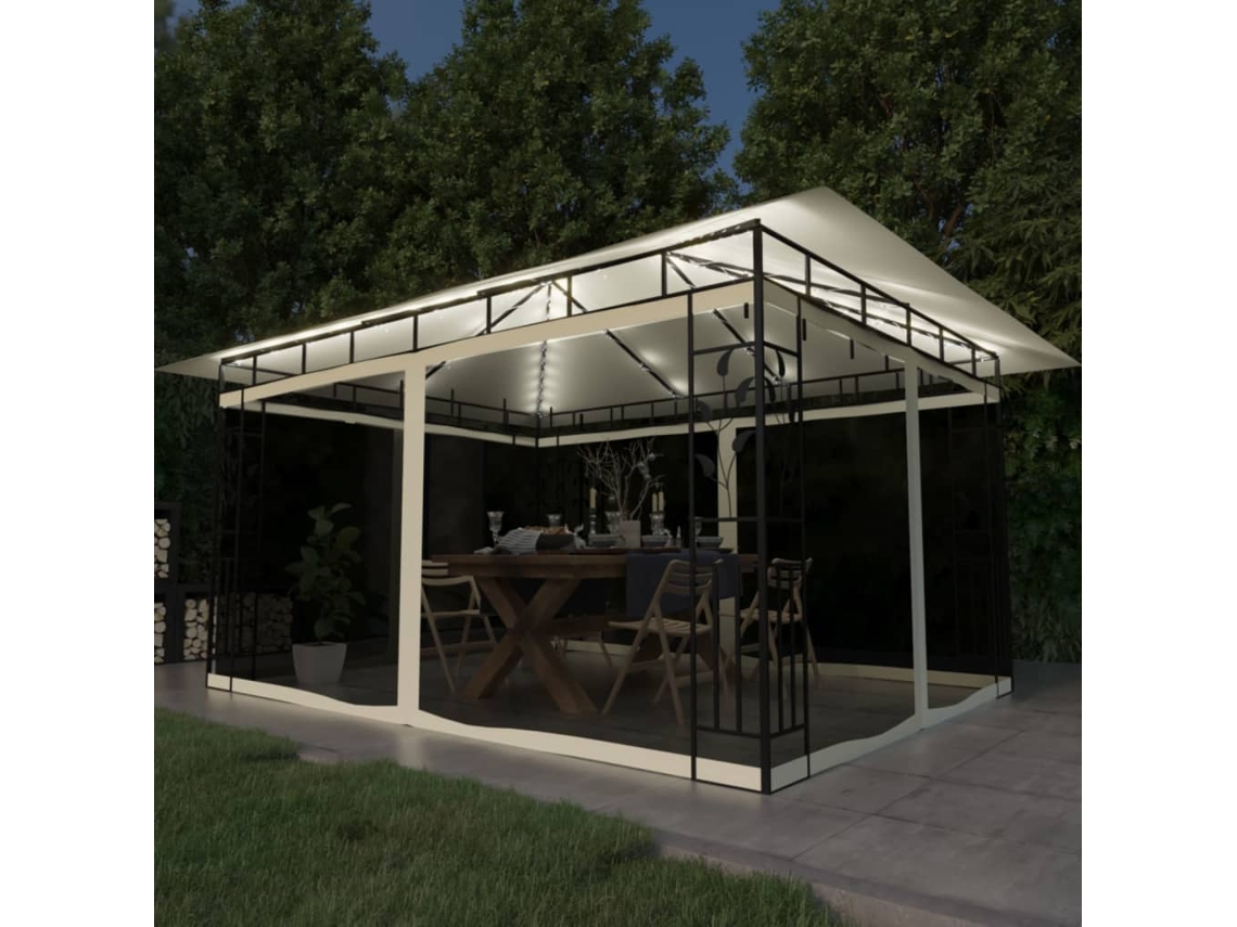 Vidaxl Gazebo C/ Mosquiteiro E Cordões Luzes Led 4x3x2,73m Creme