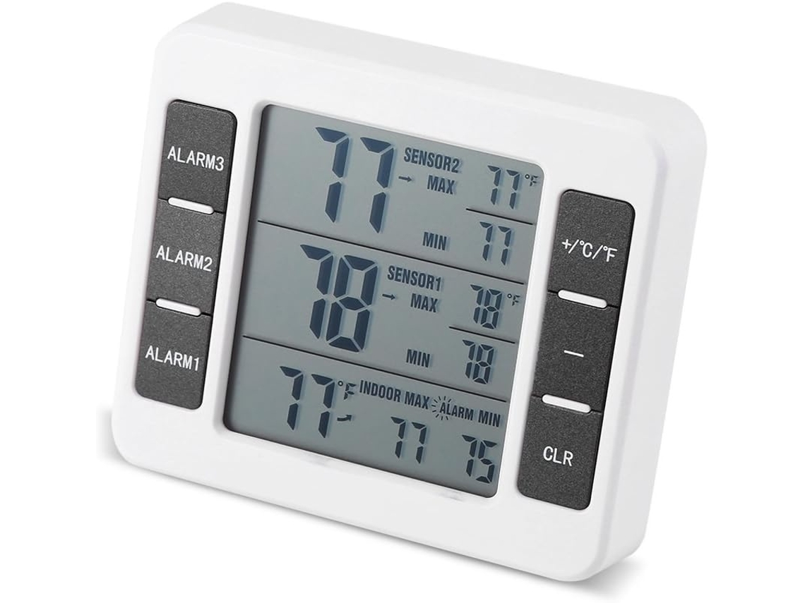 Lurelia Monitor De Temperatura Sem Fios Para Frigorífico E Congelador, Visor Lcd, 2 Sensores, Alarme Sonoro, Memória Máx./mín., Suporte Prático
