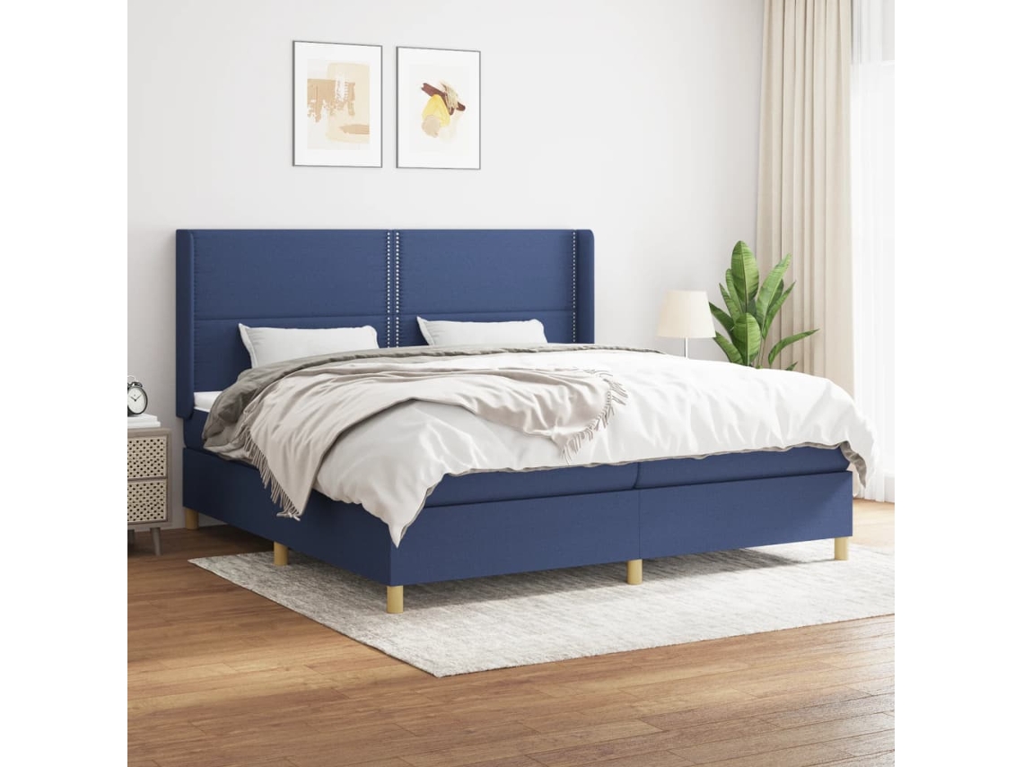 Cama Com Molas/colchão 200x200 Cm Tecido Azul