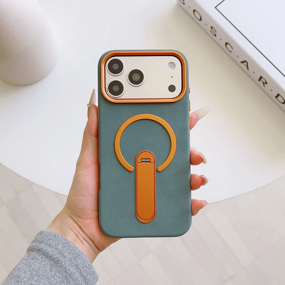 (verde, Iphone 17 Pro) Capa De Luxo Com Carregamento Magnético E Textura elephant-grain, Com Suporte De Metal Antichoque